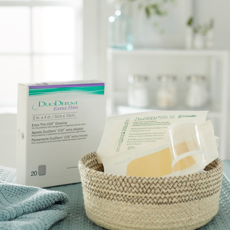 DuoDERM Extra Thin CGF Thin Hydrocolloid Dressing Film Backing 2 X 4 GoodEarth Products DuoDERM Extra Thin CGF Thin Hydrocolloid Dressing Film Backing 2 X 4 GoodEarth Products
