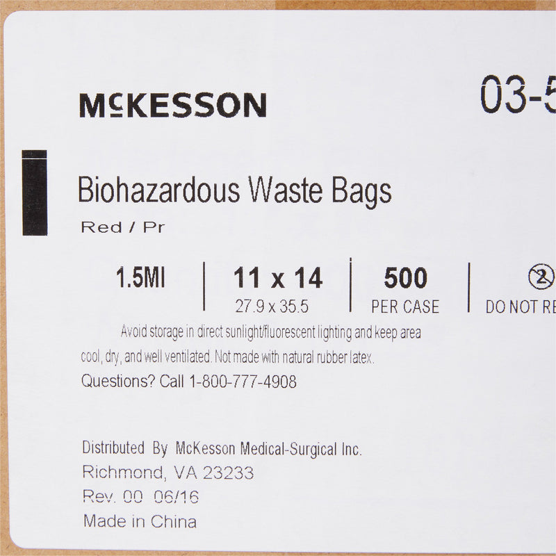 McKesson Biohazard Waste Bag Biohazard Symbol / Infectious Waste 1 to 3 gal. Red 11 X 14 Inch (223411_CS) 500/CS
