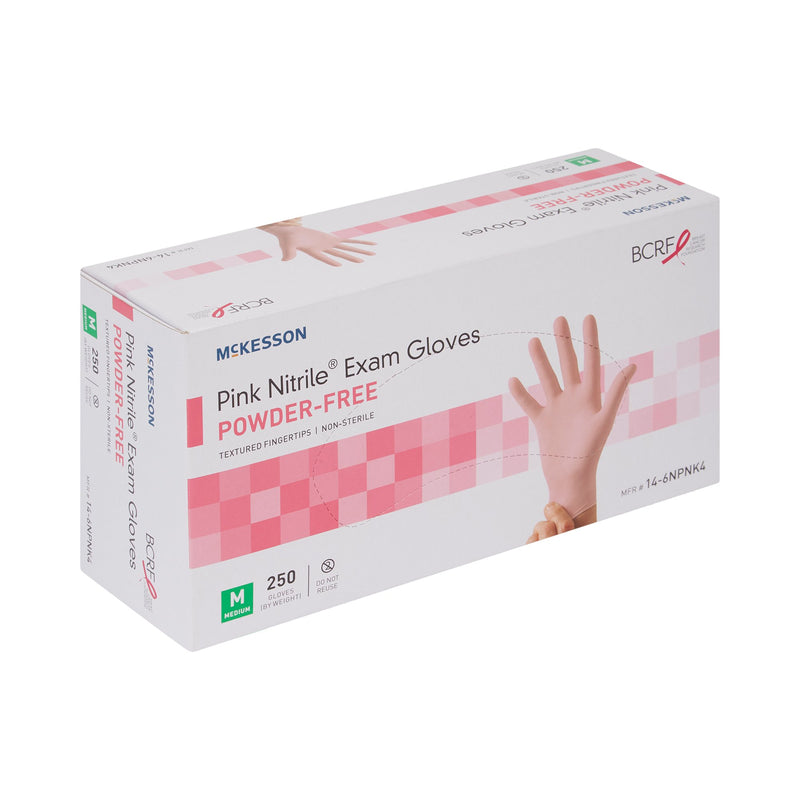McKesson Pink Nitrile® Exam Glove Medium NonSterile Nitrile Standard Cuff Length Textured Fingertips Pink Not Rated (1065402_BX) 250/BX