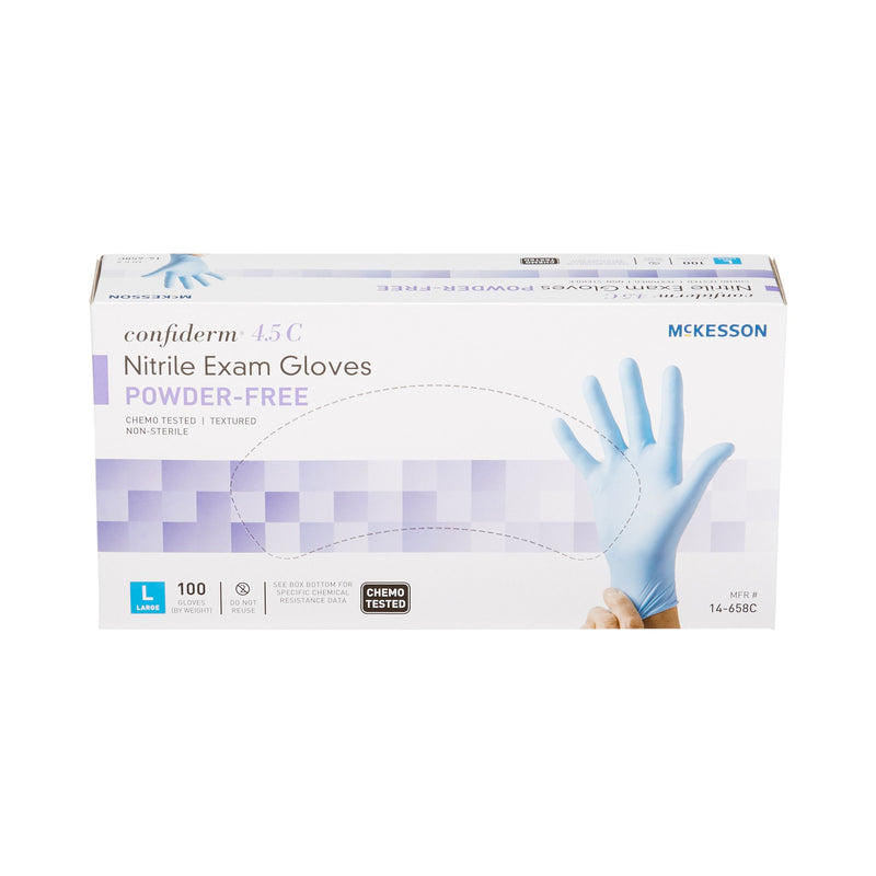 McKesson Confiderm® 4.5C Exam Glove Large NonSterile Nitrile Standard Cuff Length Textured Fingertips Blue Chemo Tested (921604_CS) 1000/CS
