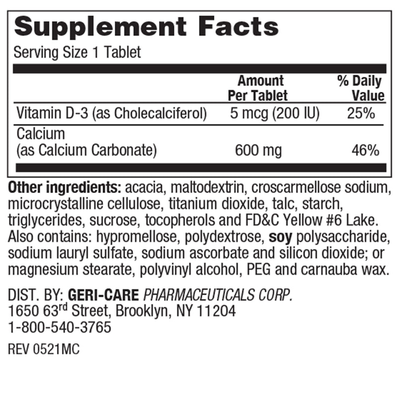 Geri-Care® Joint Health Supplement Vitamin D3 / Calcium Carbonate 200 IU - 600 mg Strength Tablet 60 per Bottle (1240592_BT) 60/BT