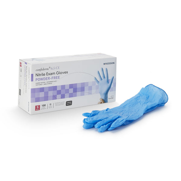 McKesson Confiderm® 6.5CX Exam Glove Small NonSterile Nitrile Extended Cuff Length Textured Fingertips Blue Chemo Tested (921606_CS) 1000/CS