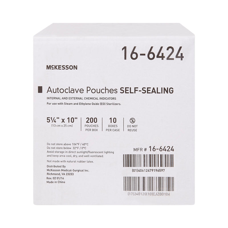 McKesson Sterilization Pouch Ethylene Oxide (EO) Gas / Steam 5-1/4 X 10 Inch Transparent Blue / White Self Seal Paper / Film (960944_BX) 200/BX