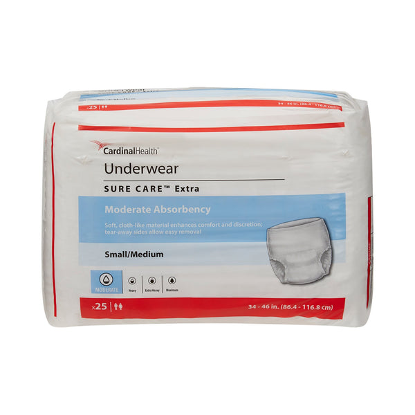 Sure Care™ Extra Unisex Adult Absorbent Underwear Pull On with Tear Away Seams Small / Medium Disposable Moderate Absorbency (814879_CS) 100/CS