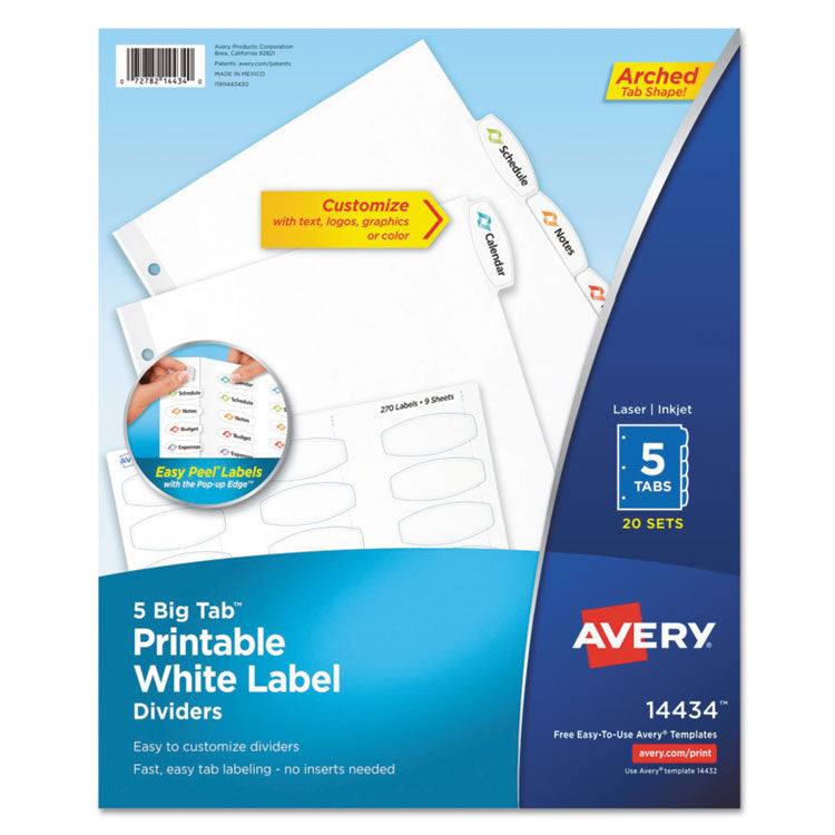 Avery® Big Tab Printable White Label Tab Dividers, 5-Tab, 11 x 8.5, White, 20 Sets (AVE14434)