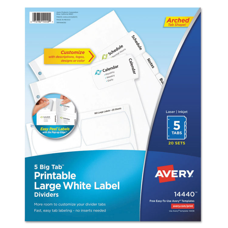 Avery® Big Tab Printable Large White Label Tab Dividers, 5-Tab, 11 x 8.5, White, 20 Sets (AVE14440)