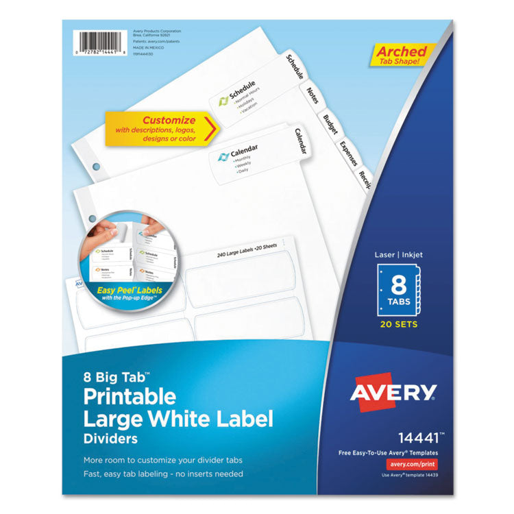 Avery® Big Tab Printable Large White Label Tab Dividers, 8-Tab, 11 x 8.5, White, 20 Sets (AVE14441)