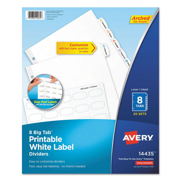 Avery® Big Tab Printable White Label Tab Dividers, 8-Tab, 11 x 8.5, White, 20 Sets (AVE14435)
