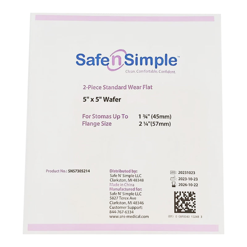 Safe n Simple™ Ostomy Barrier Trim to Fit, Standard Wear Flexible Tape 57 mm Flange Up to 1-3/4 Inch Opening 5 X 5 Inch (1245142_BX) 10/BX