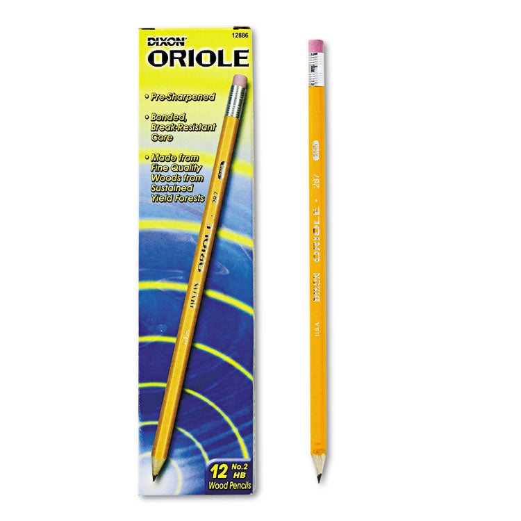 Dixon® Oriole Presharpened Pencils, HB (#2), Black Lead, Yellow Barrel, Dozen (DIX12886)