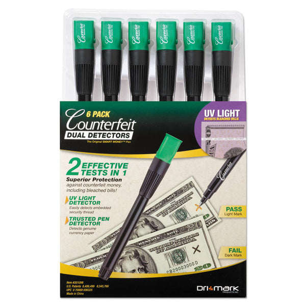 Dri-Mark® Counterfeit Money Detection System, UV Light; Watermark Detector; Color Change Ink, U.S. Currency, 0.8 x 0.8 x 6, Black/Green (DRI351UV6) Pack of 6