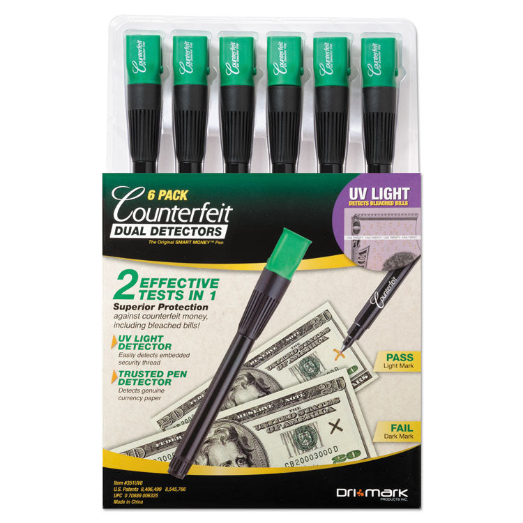 Dri-Mark® Counterfeit Money Detection System, UV Light; Watermark Detector; Color Change Ink, U.S. Currency, 0.8 x 0.8 x 6, Black/Green (DRI351UV6) Pack of 6