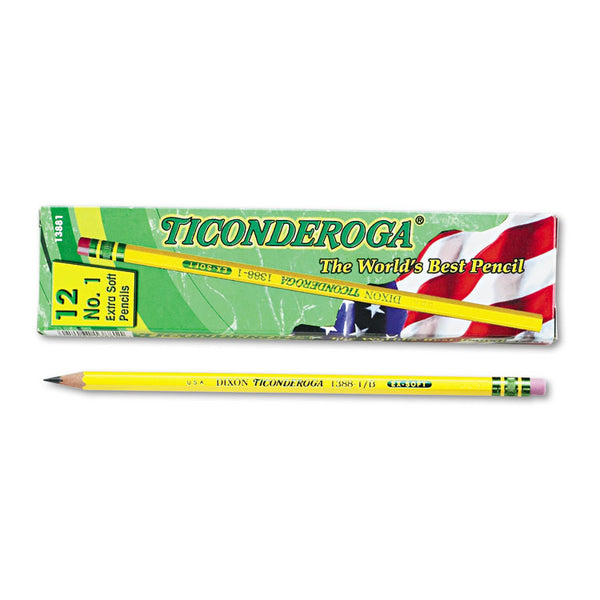 Ticonderoga® Pencils, B (#1), Black Lead, Yellow Barrel, Dozen (DIX13881)