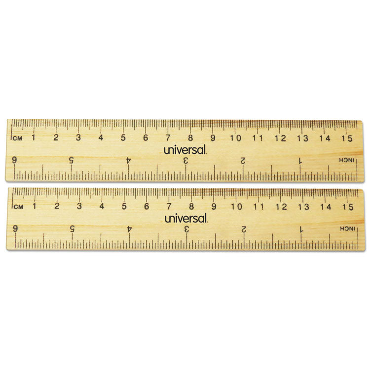 Universal® Flat Wood Ruler, Standard/Metric, 6" Long (UNV59024) Pack of 2