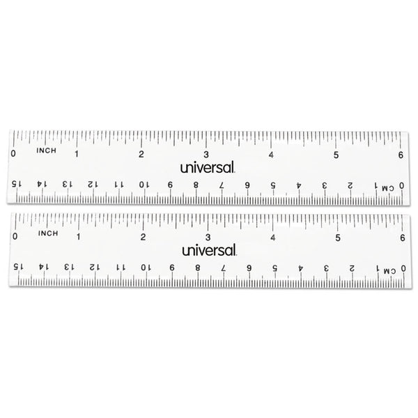 Universal® Clear Plastic Ruler, Standard/Metric, 6" Long, Clear, 2/Pack (UNV59025)