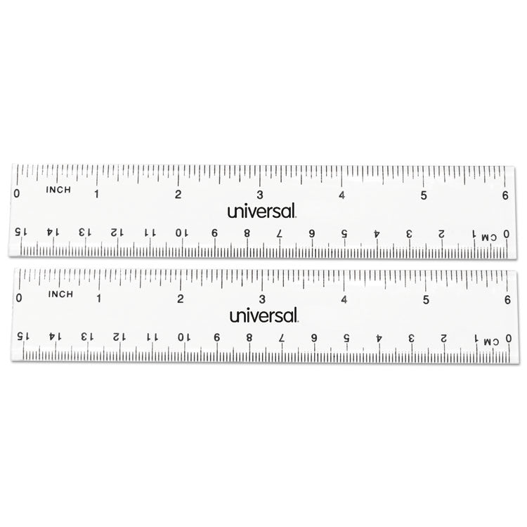 Universal® Clear Plastic Ruler, Standard/Metric, 6" Long, Clear, 2/Pack (UNV59025)