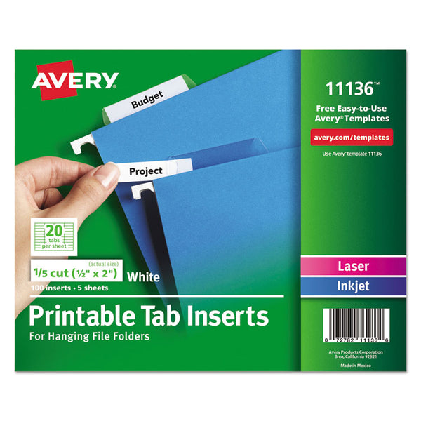 Avery® Tabs Inserts For Hanging File Folders, 1/5-Cut, White, 2" Wide, 100/Pack (AVE11136)