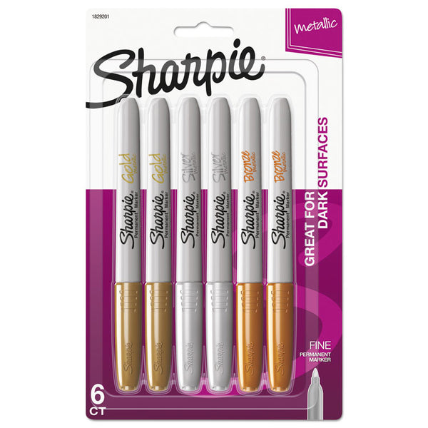 Sharpie® Metallic Fine Point Permanent Markers, Fine Bullet Tip, Gold-Silver-Bronze, 6/Pack (SAN1829201) Pack of 6