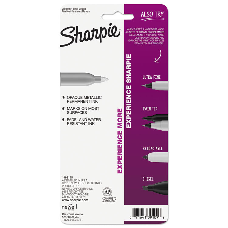 Sharpie® Metallic Fine Point Permanent Markers, Fine Bullet Tip, Metallic Silver, 4/Pack (SAN39109PP) Pack of 4