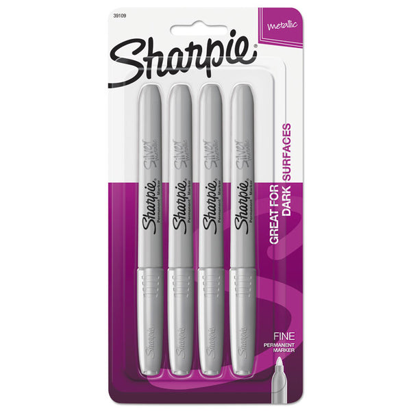 Sharpie® Metallic Fine Point Permanent Markers, Fine Bullet Tip, Metallic Silver, 4/Pack (SAN39109PP) Pack of 4