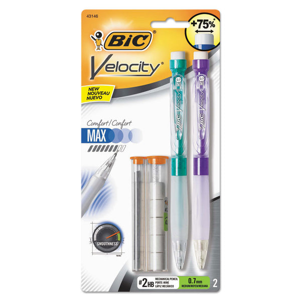 BIC® Velocity Max Pencil, 0.7 mm, HB (#2), Black Lead, Assorted Barrel Colors, 2/Pack (BICMPMX7P21BK)