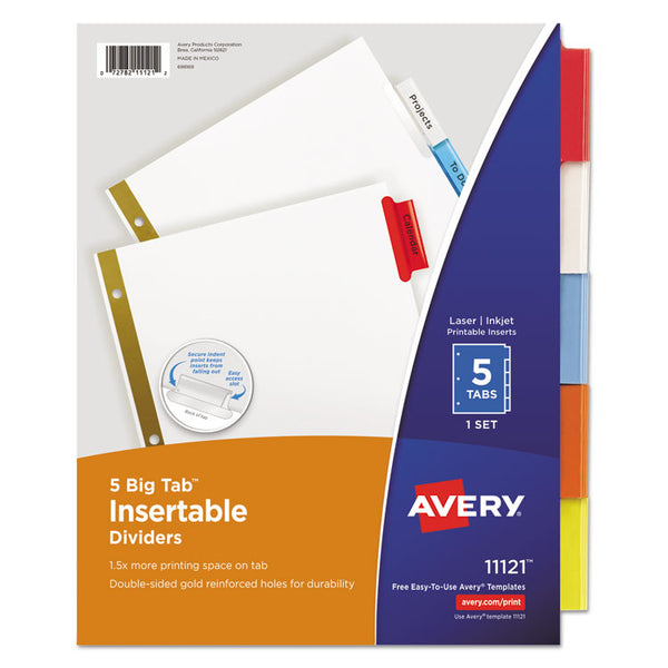 Avery® Insertable Big Tab Dividers, 5-Tab, Double-Sided Gold Edge Reinforcing, 11 x 8.5, White, Assorted Tabs, 1 Set (AVE11121)