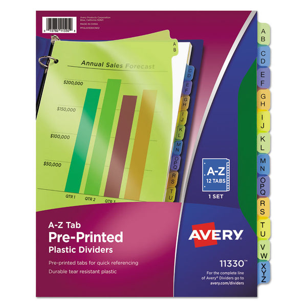 Avery® Durable Preprinted Plastic Tab Dividers, 12-Tab, A to Z, 11 x 8.5, Assorted, 1 Set (AVE11330)