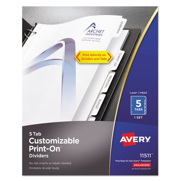 Avery® Customizable Print-On Dividers, 3-Hole Punched, 5-Tab, 11 x 8.5, White, 1 Set (AVE11511)
