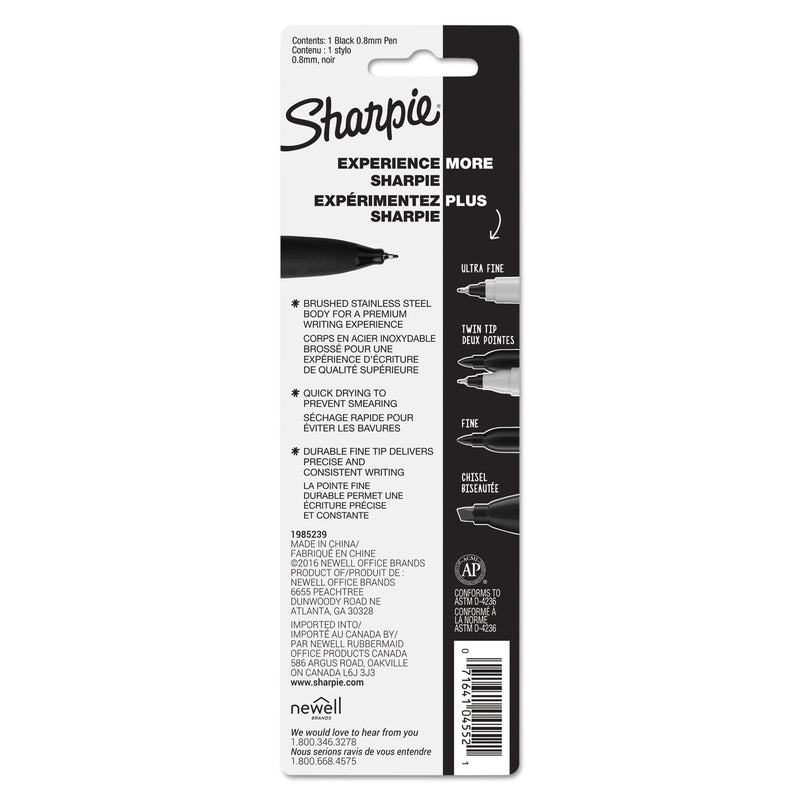 Sharpie® Stainless Steel Porous Point Pen, Stick, Fine 0.5 mm, Black Ink, Brushed Silver Barrel (SAN1800702) Each