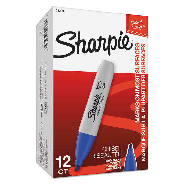 Sharpie® Chisel Tip Permanent Marker, Medium Chisel Tip, Blue, Dozen (SAN38203)