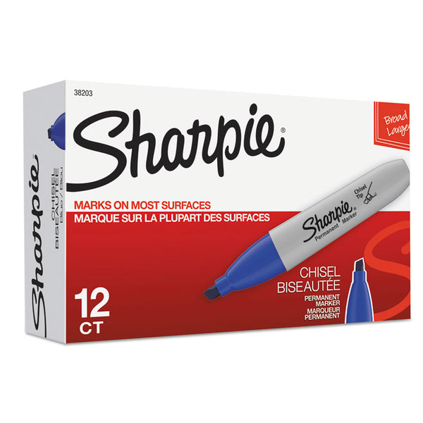 Sharpie® Chisel Tip Permanent Marker, Medium Chisel Tip, Blue, Dozen (SAN38203)
