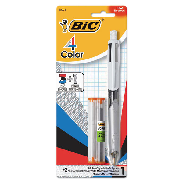 BIC® 4-Color 3 + 1 Multi-Color Ballpoint Pen/Pencil, Retractable, 1 mm Pen/0.7 mm Pencil, Black/Blue/Red Ink, Gray/White Barrel (BICMMLP1AST)
