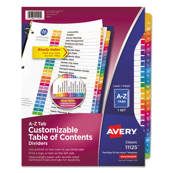Avery® Customizable TOC Ready Index Multicolor Tab Dividers, 26-Tab, A to Z, 11 x 8.5, White, Traditional Color Tabs, 1 Set (AVE11125)