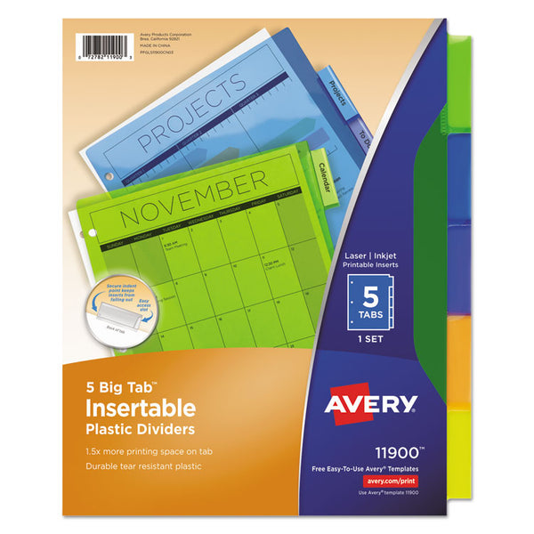 Avery® Insertable Big Tab Plastic Dividers, 5-Tab, 11 x 8.5, Assorted, 1 Set (AVE11900)
