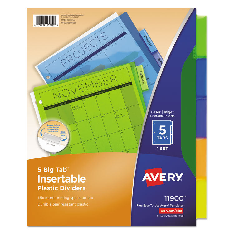 Avery® Insertable Big Tab Plastic Dividers, 5-Tab, 11 x 8.5, Assorted, 1 Set (AVE11900)