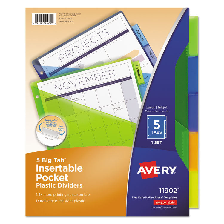 Avery® Insertable Big Tab Plastic 1-Pocket Dividers, 5-Tab, 11.13 x 9.25, Assorted, 1 Set (AVE11902)