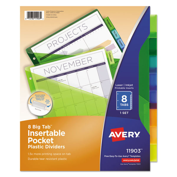Avery® Insertable Big Tab Plastic 1-Pocket Dividers, 8-Tab, 11.13 x 9.25, Assorted, 1 Set (AVE11903)