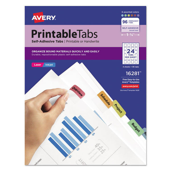 Avery® Printable Plastic Tabs with Repositionable Adhesive, 1/5-Cut, Assorted Colors, 1.25" Wide, 96/Pack (AVE16281)