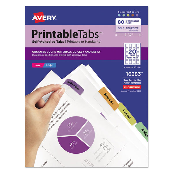 Avery® Printable Plastic Tabs with Repositionable Adhesive, 1/5-Cut, Assorted Colors, 1.75" Wide, 80/Pack (AVE16283)