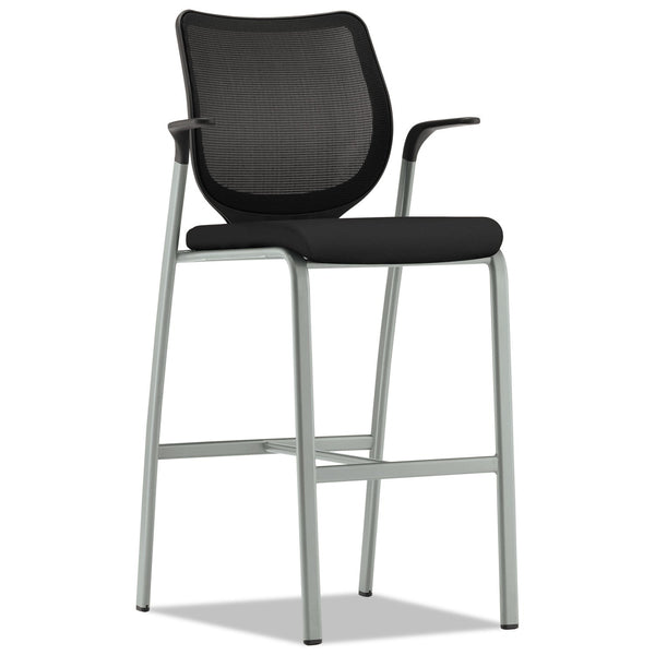 HON® Nucleus Series Cafe-Height Stool with ilira-Stretch M4 Back, Supports Up to 300 lb, Black Seat/Back, Platinum Base (HONN709CU10T1)