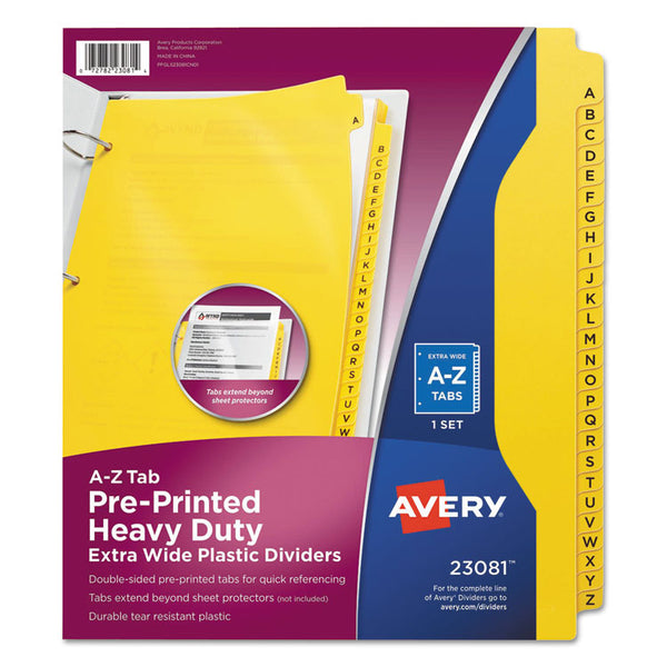 Avery® Heavy-Duty Preprinted Plastic Tab Dividers, 26-Tab, A to Z, 11 x 9, Yellow, 1 Set (AVE23081)