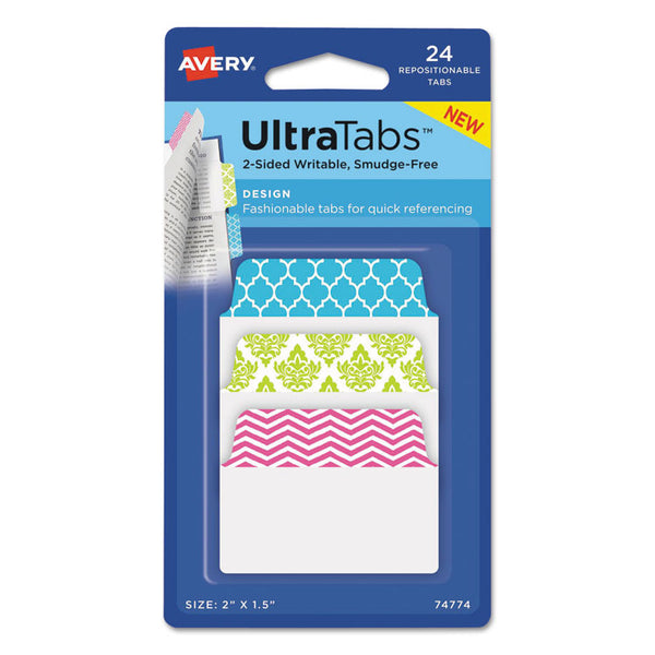 Avery® Ultra Tabs Repositionable Tabs, Fashion Patterns: 2" x 1.5", 1/5-Cut, Assorted Colors, 24/Pack (AVE74774)