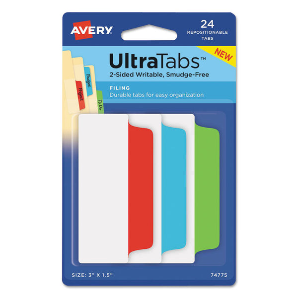 Avery® Ultra Tabs Repositionable Tabs, Wide and Slim: 3" x 1.5", 1/3-Cut, Assorted Colors, 24/Pack (AVE74775)