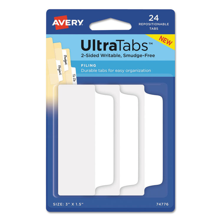 Avery® Ultra Tabs Repositionable Tabs, Wide and Slim: 3" x 1.5", 1/3-Cut, White, 24/Pack (AVE74776)