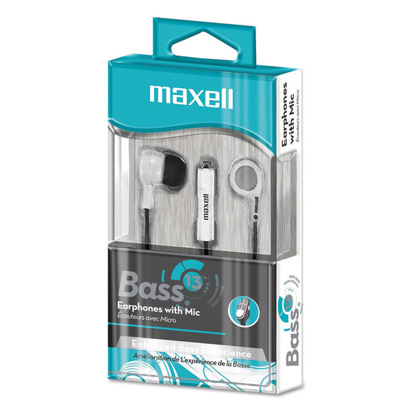 Maxell® B-13 Bass Earbuds with Microphone, 52" Cord, White (MAX199725) Each