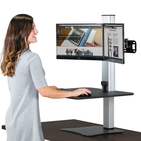 Victor® High Rise Electric Dual Monitor Standing Desk Workstation, 28" x 23" x 20.25", Black/Aluminum (VCTDC450)