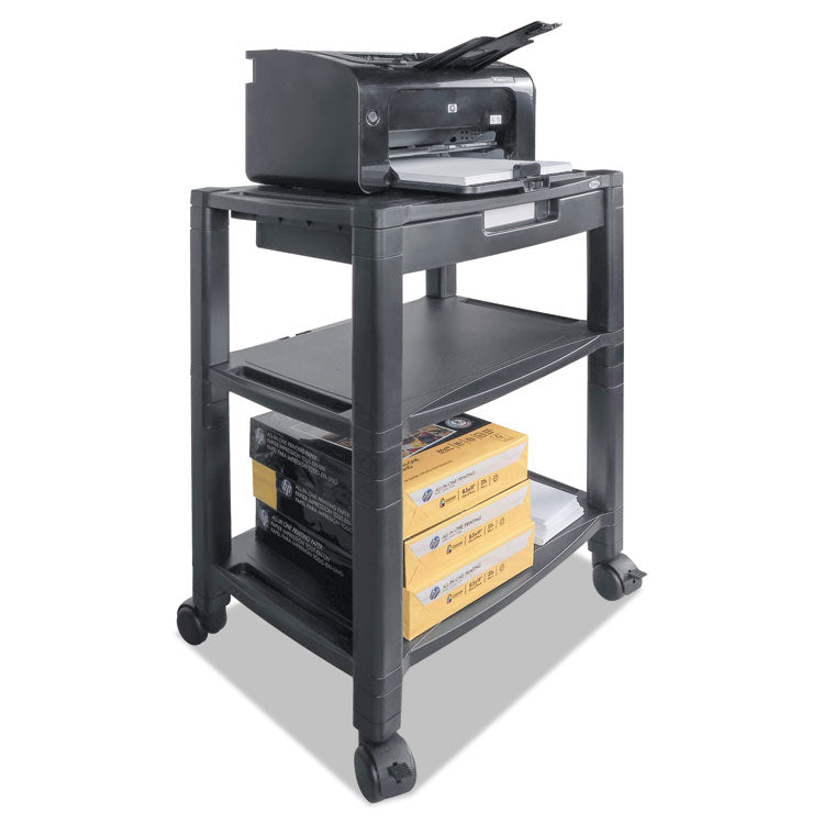 Kantek Height-Adjustable Deskside Printer Cart, Plastic, 3 Shelves, 1 Drawer, 60 lb Capacity, 20" x 13.25" x 24.5", Black (KTKPS640) Each