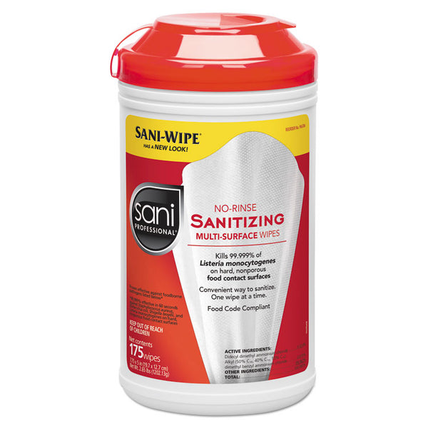 Sani Professional® No-Rinse Sanitizing Multi-Surface Wipes, Unscented, White, 175/Container, 6/Carton (NICP66784)