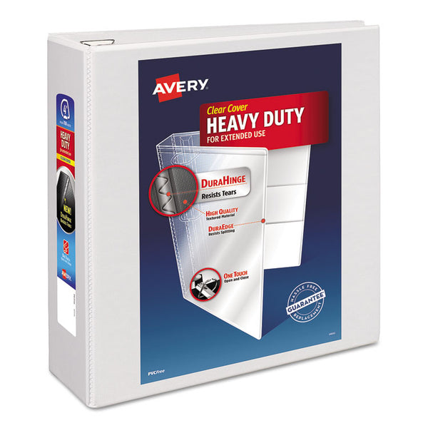 Avery® Heavy-Duty View Binder with DuraHinge and Locking One Touch EZD Rings, 3 Rings, 4" Capacity, 11 x 8.5, White (AVE79104)