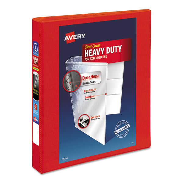 Avery® Heavy-Duty View Binder with DuraHinge and One Touch EZD Rings, 3 Rings, 1" Capacity, 11 x 8.5, Red (AVE79170)